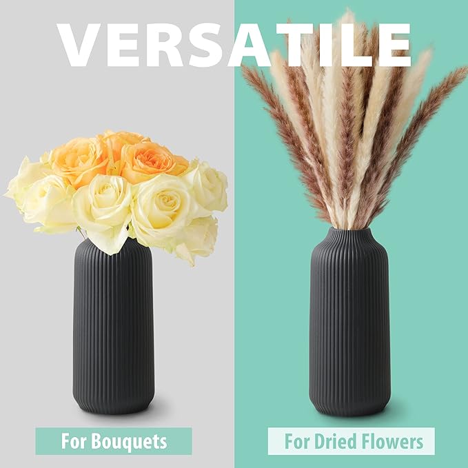 Ceramic Vase in Nordic Style, Decovase Large for Pampas Grass as Boho Deco, Vase Black Matt 10 inch for Flowers, Scandinavian Design Home Decoration for Fresh Flowers, Dried Flowers (Size L)