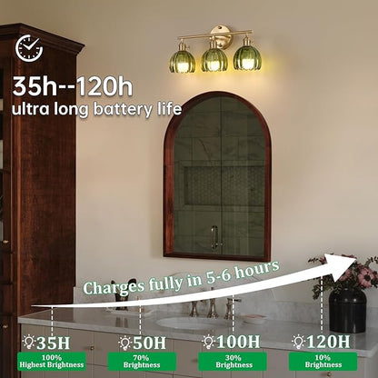 Battery Operated Bathroom Light Fixtures, 3-Light Brass Vanity Wall Light with 5000mAh Rechargeable Bulb Over Mirror with Green Tulip Glass Shade for Bedroom Living Room