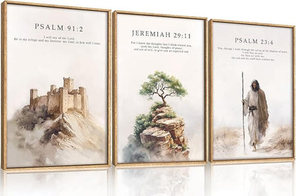 Jesus Christ Bible Verse Framed Canvas Wall Art Set,Christian Religious Faith Bible Story Wall Decor,Watercolor Easter Scripture Artwork for Church,Prayer Room,Living Room-24"x36"x3