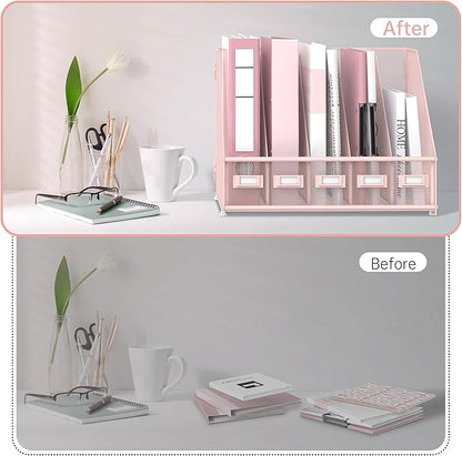 SUPEASY Desk Organizers Metal Desk Magazine File Holder with 5 Vertical Compartments Rack File Organizer for Office Desktop, Home Workspace, Pink Plus