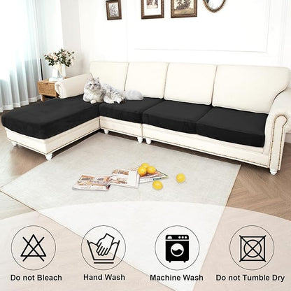 NAISI Waterproof Couch Cushion Covers Thick Velvet Fabric Washable Sofa Slipcovers Sectional Couch Covers for 4 Pieces Separate L Shape Couch Cover with Elastic Bottom(3 Seater + 1 Chaise,Black)