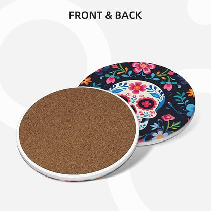 6 Pcs Ceramic Coasters with Holder Absorbent Drink Round Mexican Sugar Skull and Flowers Design for Home Table Coffee Cup Wine Beer Bar,Size 4.4 inches