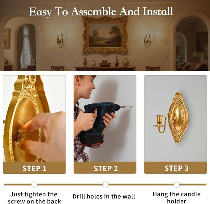 Gold Candle Sconces Set of Two, Brass Color Victorian Royal Wall Sconce, Metal Rustic Candle Holder Baroque Home Wall Decor for Living Room, Dining Room, Bedroom, Fireplace, Hallway, Window