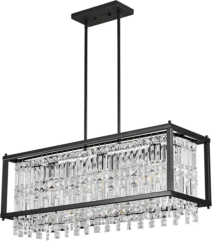 LMQNINE Modern Rectangle Chandelier for Dining Room, Black Crystal Chandelier Linear Light Fixture, Farmhouse Chandeliers for Kitchen Island, Bar Table, L30.7'' x W9.84'' x H8.66''
