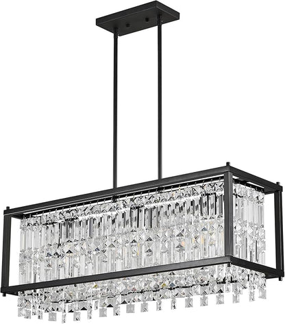 LMQNINE Modern Rectangle Chandelier for Dining Room, Black Crystal Chandelier Linear Light Fixture, Farmhouse Chandeliers for Kitchen Island, Bar Table, L30.7'' x W9.84'' x H8.66''
