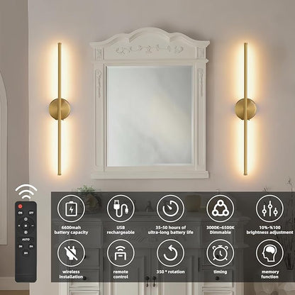 Wall Sconces Battery Operated Set of Two, Gold LED Wireless Wall Sconce with Remote Control 350° Rotate, 27.6 Inch Dimmable USB Rechargeable Wall Lights for Living Room Bedroom Hallway