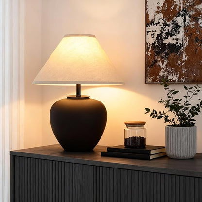 Ceramic Pot Table Lamp 18.5 inch Circular Frosted Nightstand Lamp, Tapered Fabric Shade Bedside, Ceramic Decorative for Living Room Bedroom House Office Entryway, TL1
