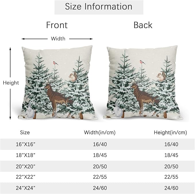 Christmas Tree Pillow Covers 24x24 Set of 2 Deer Animal Print Decorative Outdoor Dark Green Xmas Throw Pillow Cases Rustic Snow Winter Holiday Decoration Farmhouse Sofa Couch Cushion Cover Bed Decor