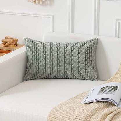 Kevin Textile 12x20 Inch Pillow Cover 1 Pack Boho Decorative Soft Striped Corduroy Lumbar Farmhouse Color Accent Rectangle Cushion Case for Living Room Couch Sofa Bed, Greyish Green
