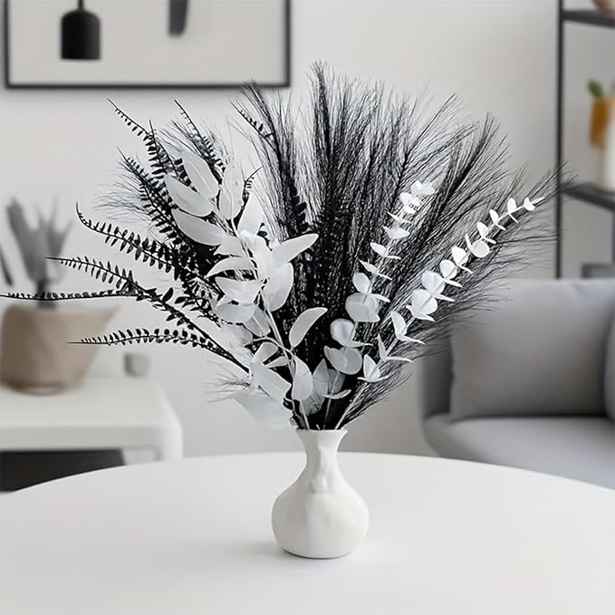 Modern Artificial Flower Arrangement, 17-Inch Black and white Faux Eucalyptus and Grass Bouquet, Minimalist Nordic Home Decor, Suitable for Fireplaces, Dining Tables, offices, (Vase Not Included)