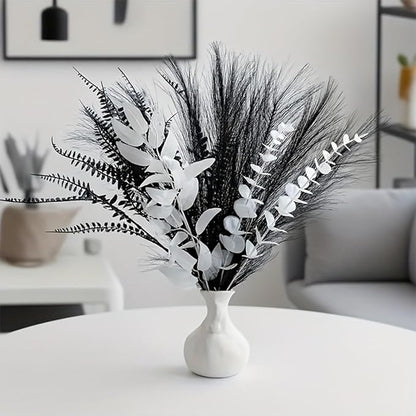 Modern Artificial Flower Arrangement, 17-Inch Black and white Faux Eucalyptus and Grass Bouquet, Minimalist Nordic Home Decor, Suitable for Fireplaces, Dining Tables, offices, (Vase Not Included)