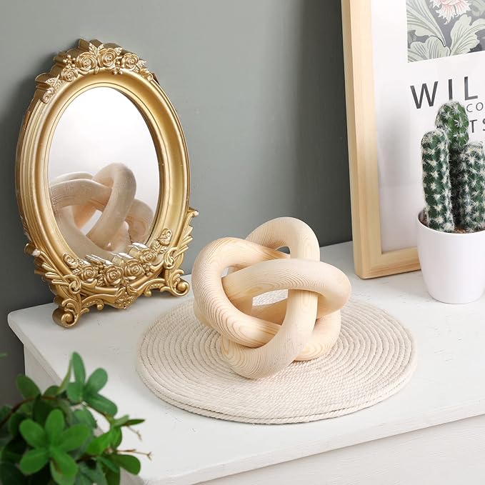 3 Link Wood Knot Decor Rustic Home Décor Accents Hand Carved Coffee Table Decoration, Boho Chain Link Decoration, Modern Shelf, Rustic Objects for Home Living Room Bedroom(Natural)