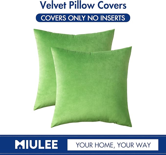 MIULEE Velvet Throw Pillow Covers 18x18 Inch, Pack of 2 - Lime Green, Soft Solid Decorative Pillow Covers Cushion Cases Modern Luxury Home Decor for Spring Couch Sofa Bedroom Livingroom