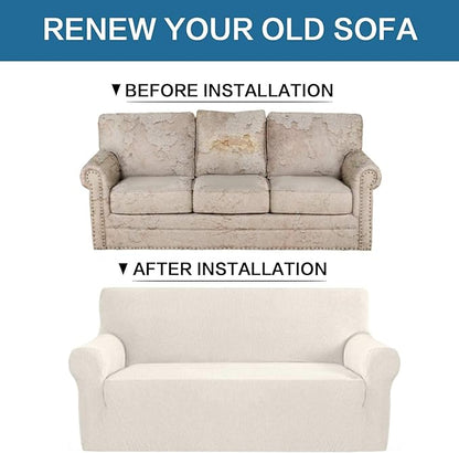 H.VERSAILTEX Stretch Couch Cover 2 Cushion Sofa Loveseat Slipcover|Sofa Cover for Love seat 1 Piece with Elastic Bottom, Textured Checked Jacquard Fabric(Loveseat 58"-70" Wide, Ivory)