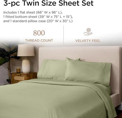 Threadmill Luxury 800 Thread Count Twin 100% Cotton Sheets - Sage Green Bed-Sheets, Sateen Weave Better Than Egyptian Cotton,3 Pc Solid Soft Bedding Set, Fits 15" Deep Pocket