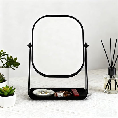 360 Degrees Rotating Metal Makeup Mirror with Storage, Vanity Mirror for Desk, Bathroom, Bedroom, Dressing Table (Black)