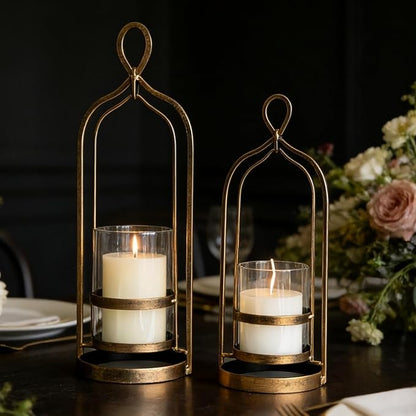 Glass Hurricane Candle Holders, Pillar Candle Holders, Metal Windproof Lantern for Industrial, Modern Farmhouse, Traditional & Vintage Home Decor, Wedding, Party, Antique Gold