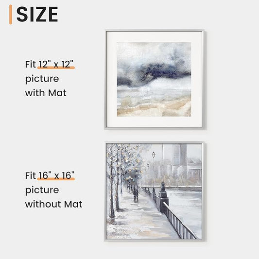 16x16 inch Metal Picture Frame - Thin Aluminum Square Photo Frames with 12x12 Removable Mat - High Definition Plexiglass - Vertical and Horizontal Display - Wall Hook Hanging Hardware Included - Silver, Set of 4