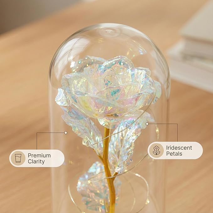 Preserved Fresh Flower in Glass Dome with LED Lights, Gold Stem Rose with Wooden Base, Romantic Home Decor Gift for Valentine's Day (A golden rose as a gift for mom or your lover)