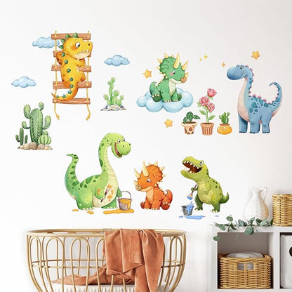 Watercolor Funny Dinosaur Wall Decals, Cartoon Cute Dino Playing Cacti Wall Stickers Vinyl Peel and Stick Wall Decal Self Adhesive Wall Art Sticker for Baby Nursery Kids Room Home Decor