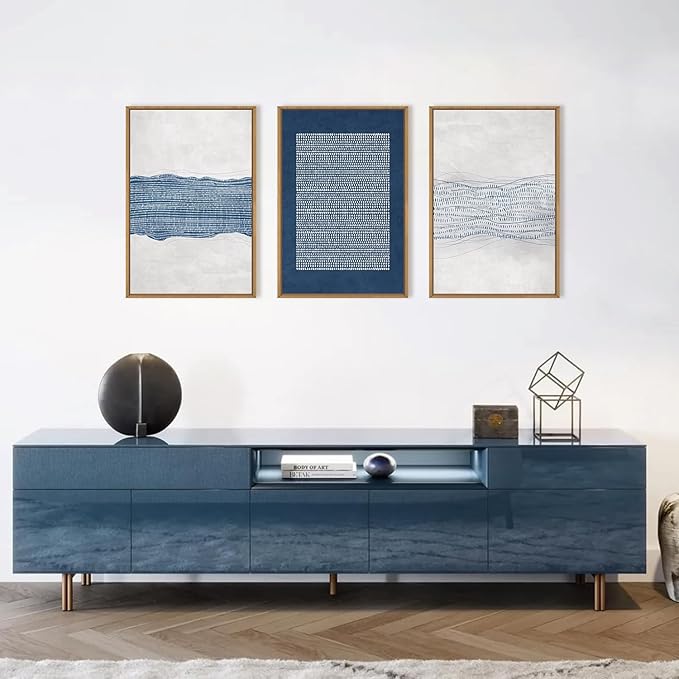 Aryroi Large Abstract Navy Blue and White Framed Canvas Wall Art,Minimalist Boho Waves Lines Wall Decor,Modern Mid Century Artwork,Neutral Geometric Art Print for Living Room,Bedroom,Office- 24"x36"x3