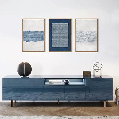 Aryroi Large Abstract Navy Blue and White Framed Canvas Wall Art,Minimalist Boho Waves Lines Wall Decor,Modern Mid Century Artwork,Neutral Geometric Art Print for Living Room,Bedroom,Office- 16"x24"x3