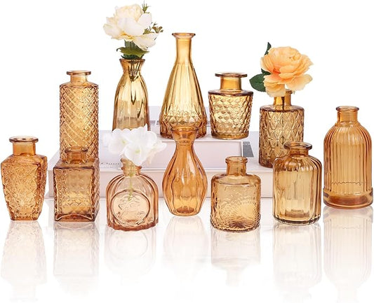 12 Pack Amber Gold Glass Bud Vase Set, Small Vintage Vases for Centerpieces, Decorative Flower Vases for Wedding Home Table Decor