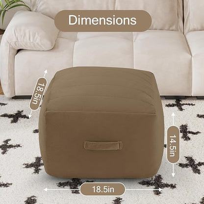 MeMoreCool Square Stuffed Pouf Ottoman Foot Rest, Floor Pouf Foot Stool with Foam Chunk Filling, Soft Stuffed Ottoman Footrest for Living Room, Light Coffee