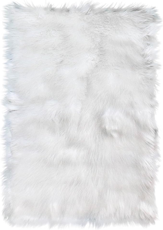 Super Area Rugs 5X7 White Shaggy Rug for Bedroom - Faux Fur Fluffy Carpet - Bright White Color for Living Room - Machine Washable Easy Care & Soft Feel