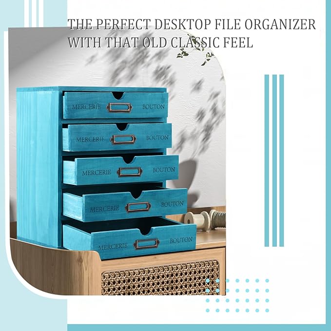 Wesiti 5 Drawer Apothecary Cabinet - Vintage Wooden Desk Organizer - Library Card Catalog Wood Storage Box - Office Desktop Dresser for Stationery, Sewing, Crafts, Junk & Supplies, Blue