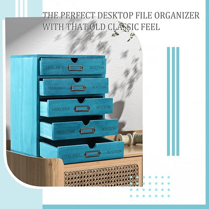 Wesiti 5 Drawer Apothecary Cabinet - Vintage Wooden Desk Organizer - Library Card Catalog Wood Storage Box - Office Desktop Dresser for Stationery, Sewing, Crafts, Junk & Supplies, Blue