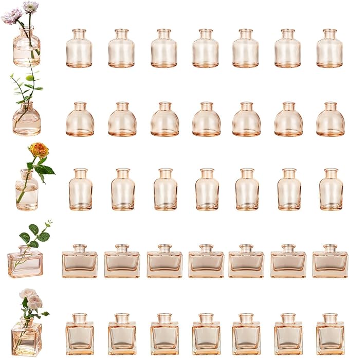 Glasseam Bud Flower Vases in Bulk: 40 Glass Cute Small Vases for Centerpieces Vintage Mini Wedding Birthday Party Table Centerpieces Tiny Baby Shower Dining Room Decoration Champagne