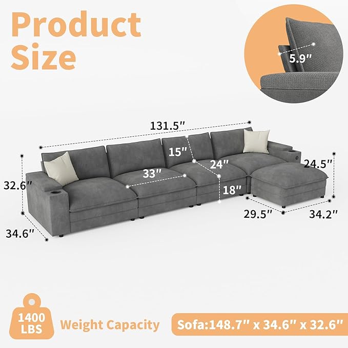 148.7" L Shaped Cloud Sofa Couch with Ottoman, Storage Armrest, Cup Holders, USB & Type-C Ports, Spring Cushions, Solid Wood Frame, Chenille Modular Sectional for Living Room (Dark Gray-L-148.7")