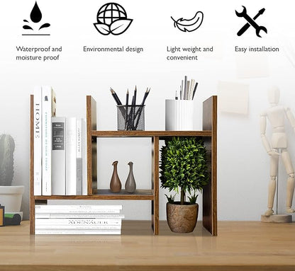 BROWN-BROWN Adjustable Wood Desk Shelf Organizer Office Home Multipurpose Desktop Shelf, Display Shelf Rack Top Mini Bookcase, Free Style Display Desktop Organization