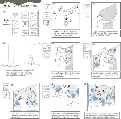 AFZEVEB-Space Mural Hand-Painted Cartoon Wallpaper for Kids Room 114"x74"(Not Peel and Stick)