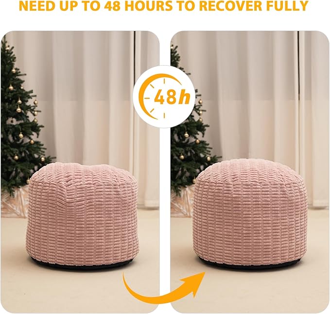 Round Stuffed Pouf Ottoman for Foot Rest, Storage Ottoman Pouf Foot Stool Cushion, Faux Fur Poufs with Foam Chunk Filling, 20 X 15 Inch Floor Chair for Living Room Bedroom Home Decor, Pink