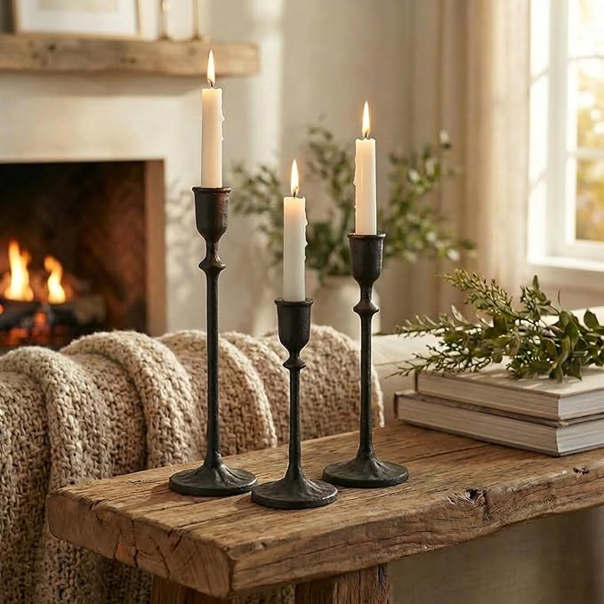 Antique Candlestick Holders Set of 3, Cast Iron Taper Candle Holder for Dining Table Centerpiece, Wedding, Fireplace Mantel Decor, Vintage Tall Candle Stands, Christmas Decorations, Matte Black