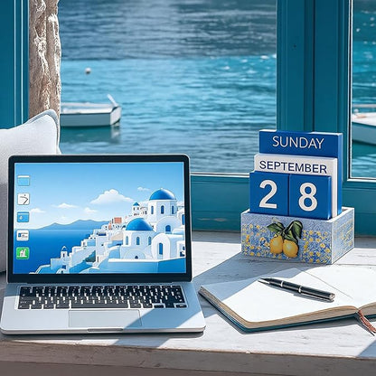 Tile Lemon Wood Block Perpetual Calendar Coquettish Desk Decor Blue Mediterranean Amalfi Coast Decor Cute Month Week Date Display Decorative Block Calendar for Office Home Desk Gift for Women