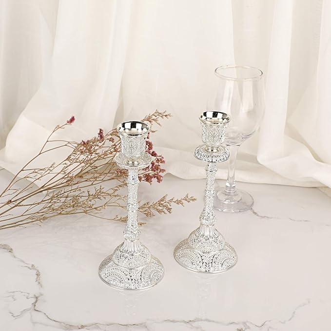 OwnMy Set of 2 Taper Candle Holders Vintage Metal Pillar Candlestick Holders 7.4”, Elegant Brass Candle Stick Holders Decor Candelabra Set for Dining Table Centerpieces Wedding Home Decoration, Silver