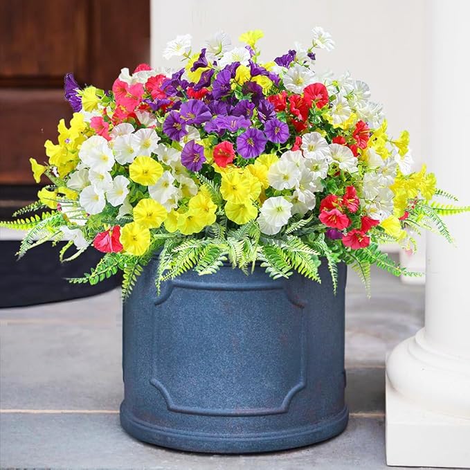 16 Bundles Outdoor Artificial Fake Flowers UV Resistant No Fade Plastic Faux Morning Glory Silk Flowers Plants for Home Garden Porch Patio Window Box Hanging Décor (Mix White Purple Fuchsia Yellow)