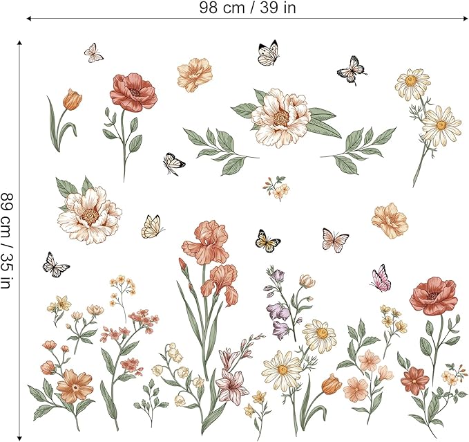 Watercolor Boho Flowers Wall Decals Wildflower Butterfly Garden Wall Stickers Removable Wall Art Decor for Living Room Bedroom