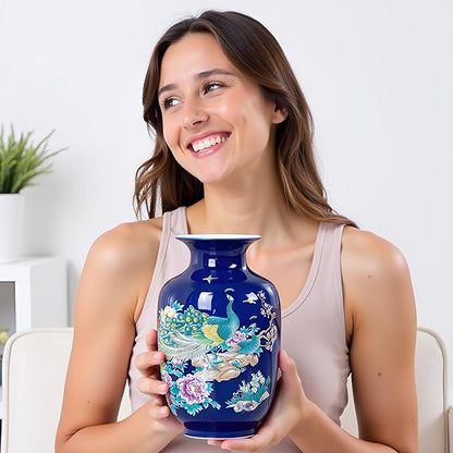 MTME Porcelain Figurines, Jingdezhen Peacock Decorative Flower vase, Home Decor, Wedding Gifts, Aesthetic Sculpture Home décor (Blue)