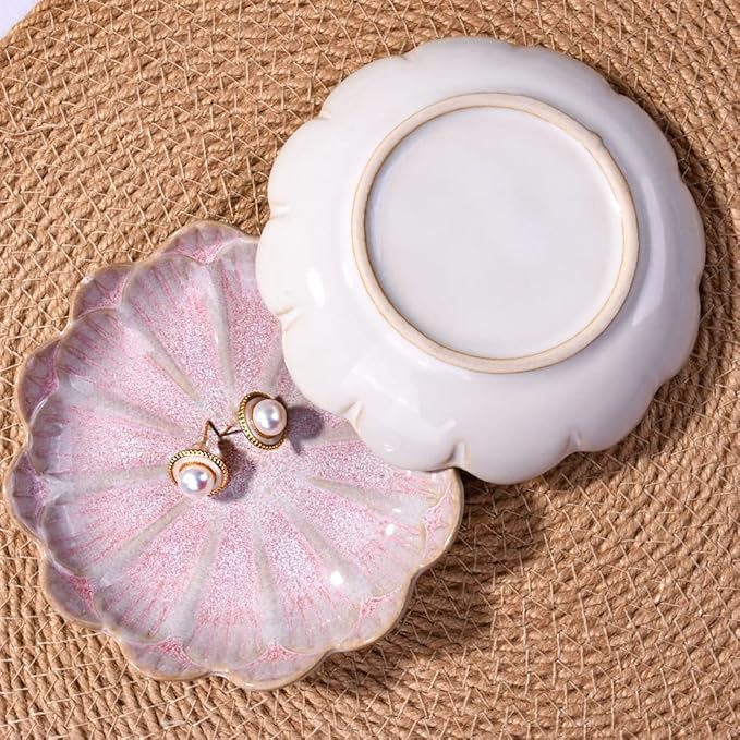 Ceramic Ring Dish Holder Jewelry Tray Trinket Tray Vintage Lotus Shaped Small Decorative Jewelry Dish for Dressing Tables Earring Organizer (White and Pink)