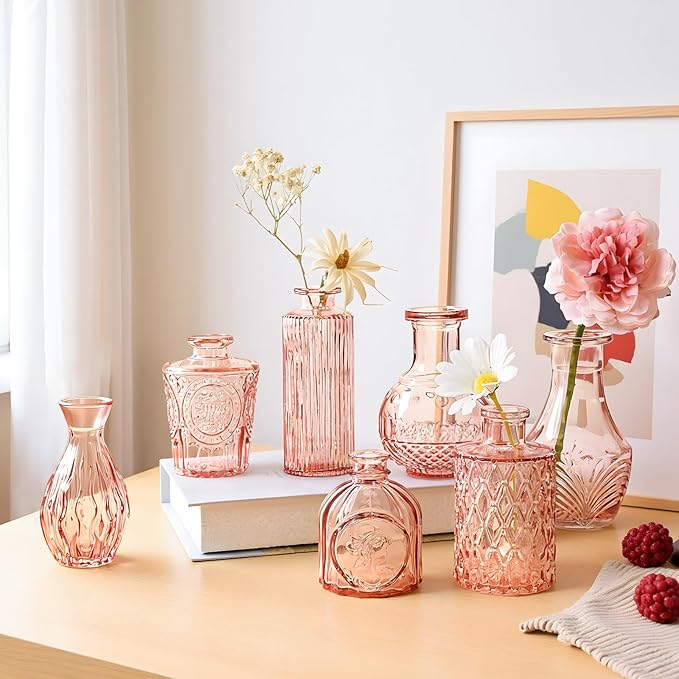 Vintage Pink Small Glass Vase Set of 24, Cute Bud Vases for Centerpiece Table Decorations, Boho Mini Vases for Flowers, Pink Clear Vase Bulk for Wedding Party Decor, Birthday, Baby Shower