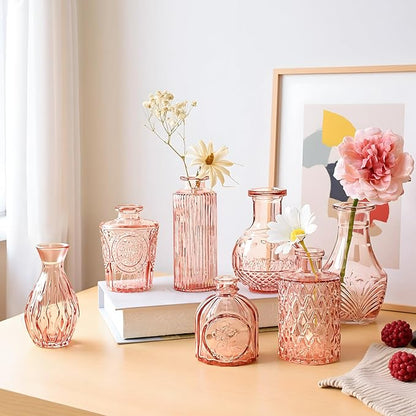 Vintage Pink Small Glass Vase Set of 24, Cute Bud Vases for Centerpiece Table Decorations, Boho Mini Vases for Flowers, Pink Clear Vase Bulk for Wedding Party Decor, Birthday, Baby Shower