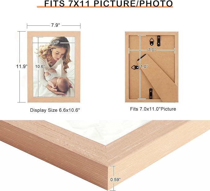 7x11 Picture Frame Natural Woodgrain,Rustic 11x7 Frame Beige, Pic Hanging Poster Frame, 7 by 11 Gallery Family Portrait Photo Frame Horizontal and Vertical Display for Wall Hanging/Tabletop
