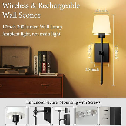Rechargeable Battery-Operated Wall Sconces Set of 2: Black Wireless Wall Lights with Touch and Remote, 6000mAh Battery Powered Scone Lighting Cordless Wall Lamp for Bedroom Living Room Hallway