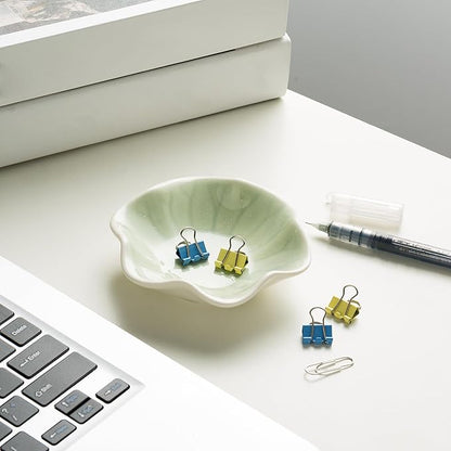 Ceramic Ring Dish, Jewelry Dish Holder, Small Trinket Tray Plate for Earrings Rings Necklaces Keys, for Mom Friend Sister (Green Surface)