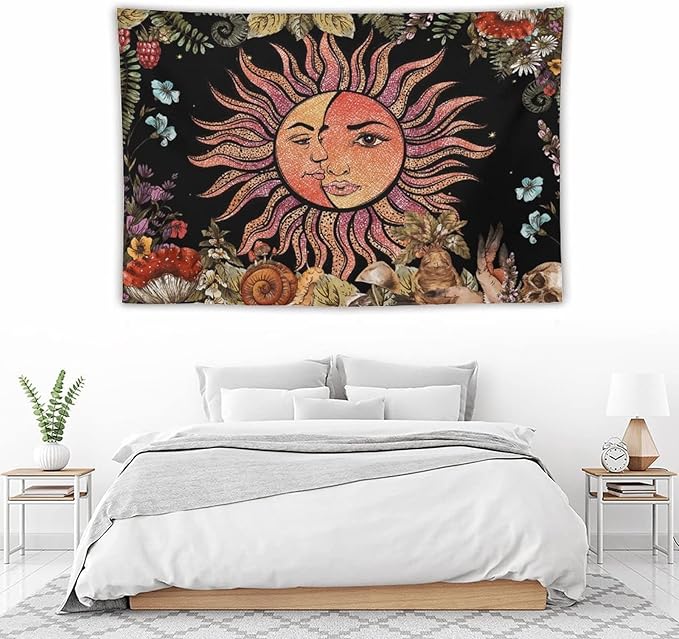 Vintage Sun Tapestry,Boho Hippie Mushroom Plant Botanical Sun and Moon Art Tapestries Wall Hanging for Dorm Living Room Bedroom Decor(40"x60")