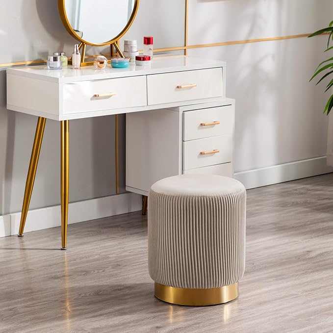 DUHOME Modern Round Velvet Ottoman Footrest Vanity Stool Khaki